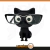 Suporte para óculos em formato de gato preto, segurando óculos grandes e com olhos expressivos.