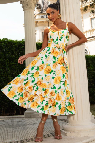 Vestido Midi de Crepe Alfaiataria Com Estampa Exclusiva Esperança Floral