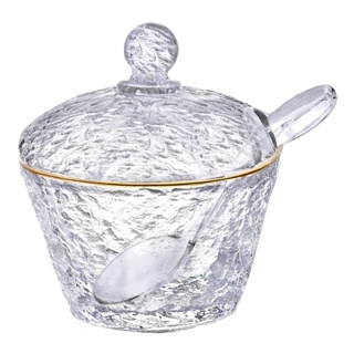 Açucareiro Cristal Com Colher E Tampa Dourada 10cm