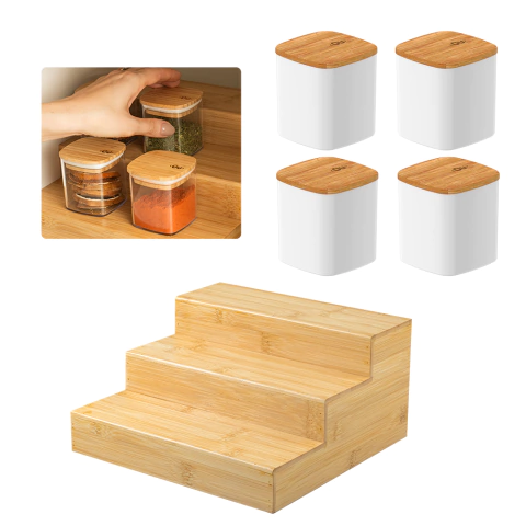 Kit Organizador Multinível Com 4 Potes Herméticos Em Bambu