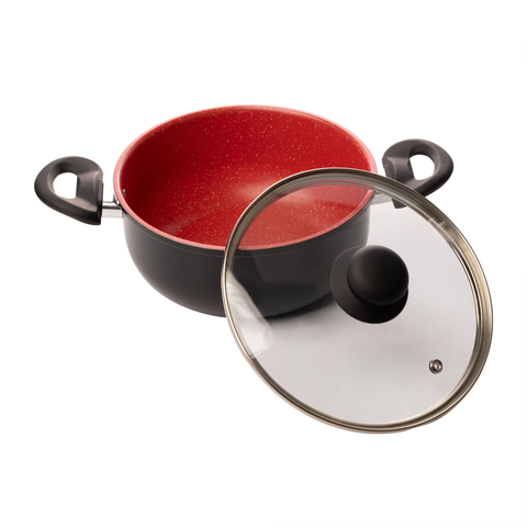 CAÇAROLA DE IND. ALUM. C/ REVEST. CERAMICO E TAMPA DE VIDRO GRANITO CHEF VERMELHA 20CM