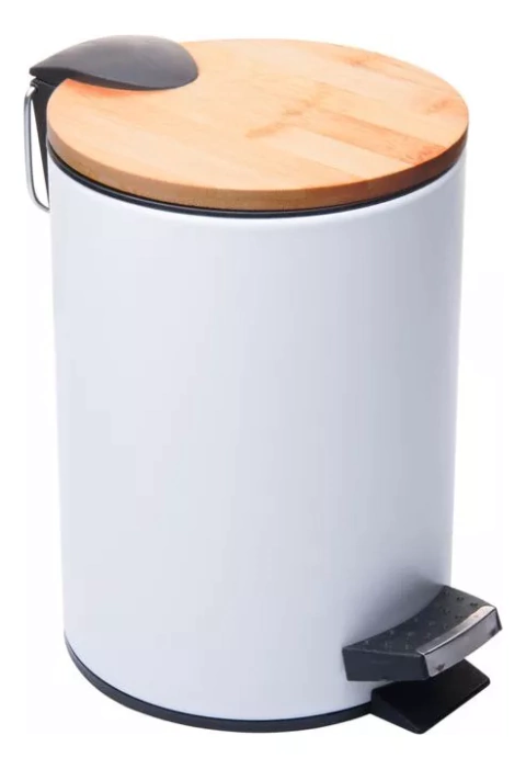 Lixeira Redonda de metal com pedal e tampa de Bambu 3L