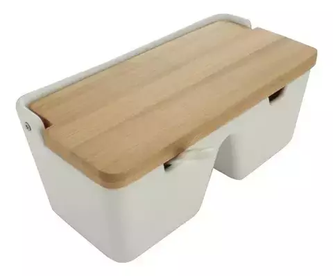 Saleiro Em Cerâmica Duplo Com Colher E Tampa De Madeira