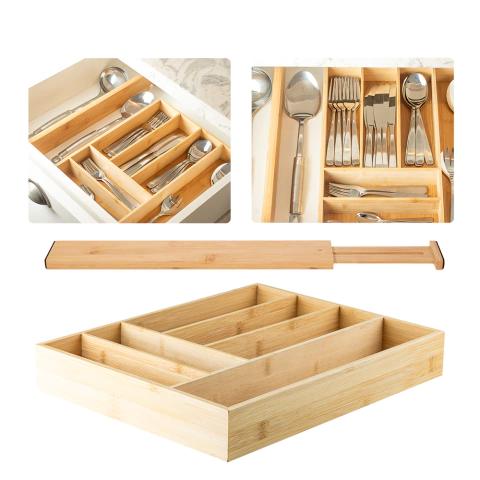 Kit Com 2 Peças - Divisória E Porta Talheres Keep Em Bambu