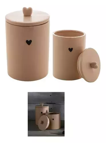 Kit Com 2 Potiche Decorativo De Cerâmica C/ Detalhe Coração - Bege
