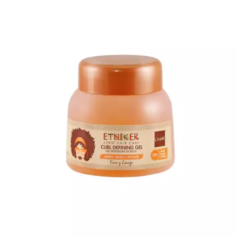 Envase de gel definidor de rizos de la marca Etniker, con tapa marrón y etiqueta color crema que indica sus propiedades.