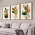 Três quadros decorativos com ilustrações de flores em tons de verde e laranja, emoldurados, expostos em uma parede acima de um sofá claro.