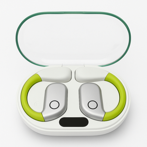 Auriculares inalámbricos TWS con diseño ergonómico en estuche de carga blanco con tapa transparente y detalles verdes