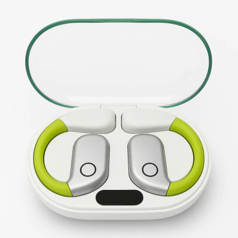 Auriculares inalámbricos TWS con diseño ergonómico en estuche de carga blanco con tapa transparente y detalles verdes