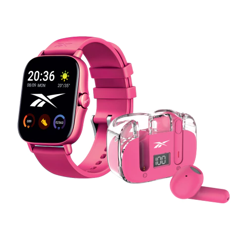 Pack de smartwatch y auriculares Reebok Rbk-bdst-k Sport en color rosa, ideal para actividades deportivas y tecnología wearable.