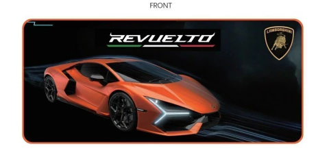 Alfombrilla de escritorio Lamborghini Revuelto en color naranja con diseño de auto deportivo y logotipo.