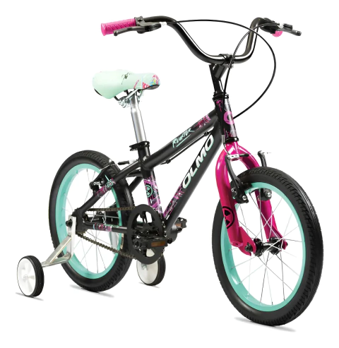Bicicleta infantil Olmo Reaktor 16 con frenos V-brakes, ruedas con estabilizadores y colores negro, rosa y celeste.