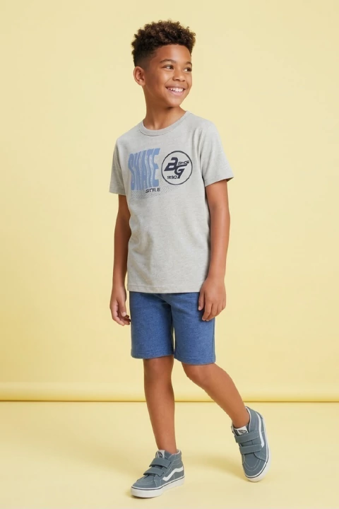 Conjunto Urban Boy: T-Shirt Meia Malha Mescla e Bermuda Reta em Moletinho Premium