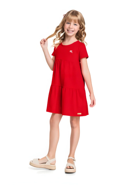 Vestido Infantil Em Malha Texturizada Com Babados - Vermelho