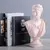 Escultura em formato de busto de Vênus em tom bege, com livros ao fundo.