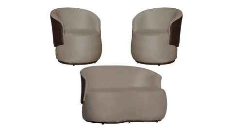 Kit Namoradeira + 2 Poltronas Beatriz Composê Couro Marrom Suede