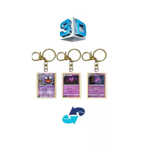 Chaveiro mosquetão 3D Card Pokemon Gengar evolucão