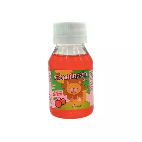 Imagen del frasco de Acetaminofén Jarabe 150 mg/5 ml de 60 ml de Lafrancol, sabor a cereza, utilizado para aliviar el dolor y reducir la fiebre en niños y adultos.
