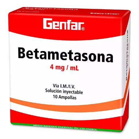 Imagen de la caja de Betametasona 4mg/1mL solución inyectable de la marca Genfar, que contiene 10 ampollas. Este medicamento corticosteroide se utiliza para tratar diversas condiciones inflamatorias y alérgicas.