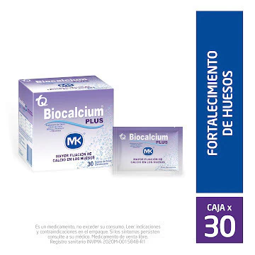 Caja con 30 sobres de Biocalcium Plus MK, suplemento efervescente que aporta 600 mg de calcio y vitamina D3, indicado para fortalecer huesos y salud ósea, ideal en crecimiento, embarazo y menopausia.