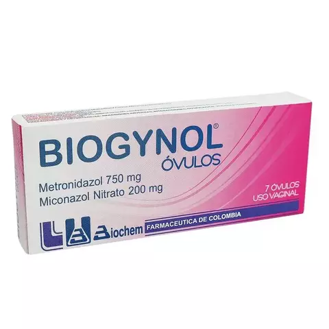 Caja de Biogynol 750/200 mg óvulos vaginales (Metronidazol + Miconazol), tratamiento ginecológico para infecciones vaginales, presentación de 7 unidades.