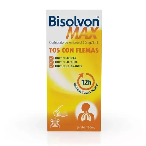 Frasco de Bisolvon Max jarabe mucolítico ambroxol 120 ml, indicado para alivio de la tos y fluidificación de secreciones bronquiales en adultos.