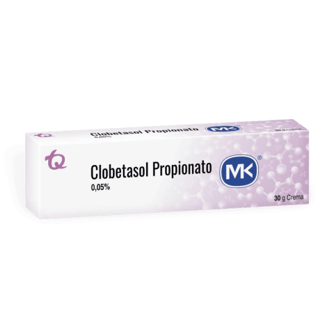 Imagen del tubo de Clobetasol 0,05% crema de 30 g de la marca MK, utilizado como corticosteroide tópico para el tratamiento de diversas afecciones inflamatorias de la piel.