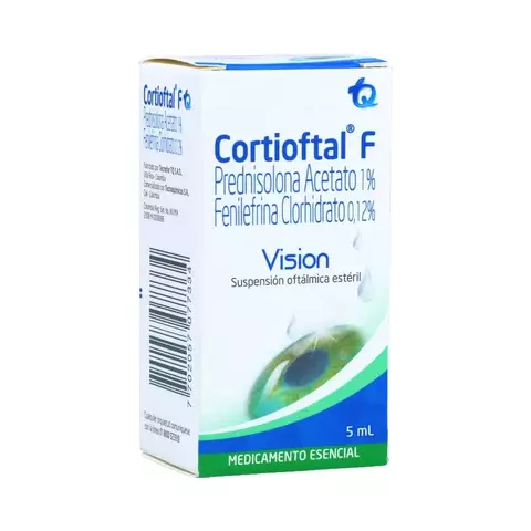 Frasco de 5 ml de Cortioftal F, suspensión oftálmica estéril que combina prednisolona al 1 % y fenilefrina al 0.12 %, gotas antiinflamatorias y descongestionantes para tratamiento ocular.

