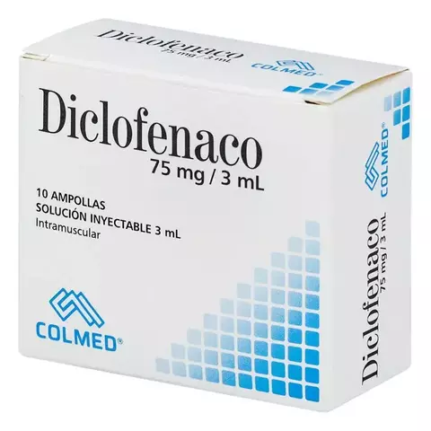 ampolla de diclofenaco Colmed 75 mg/3 ml solución inyectable, presentación caja x 10 und, analgésico antiinflamatorio para uso intramuscular, ideal para aliviar dolor musculoesquelético.