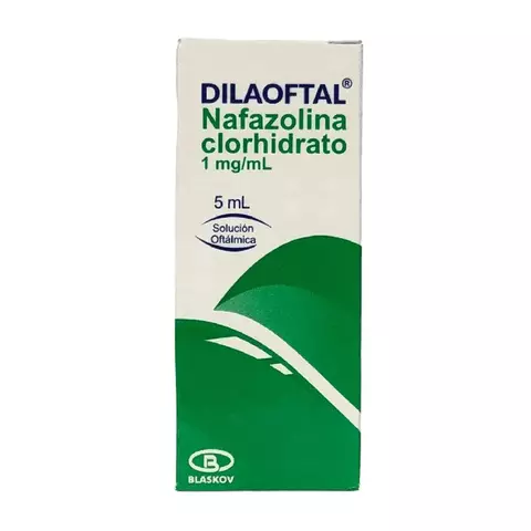 Frasco de 5 mL de solución oftálmica “Dilaoftal” 1 mg/ml con nafazolina clorhidrato, indicado para aliviar enrojecimiento ocular y congestión de la conjuntiva.