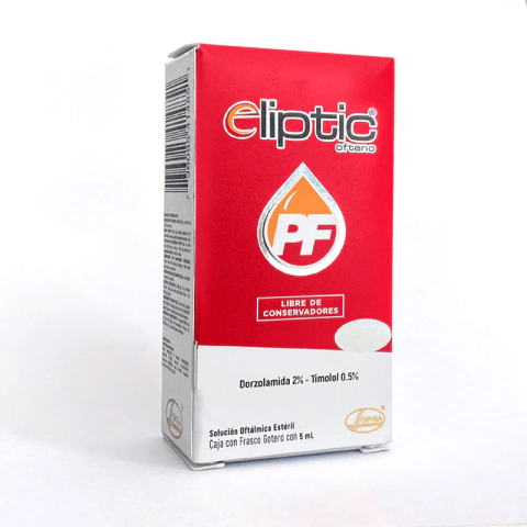 Frasco gotero de 5 ml de Eliptic Ofteno con dorzolamida 20 mg/ml y timolol 5 mg/ml, indicado para reducir la presión intraocular en pacientes con glaucoma de ángulo abierto o hipertensión ocular.
