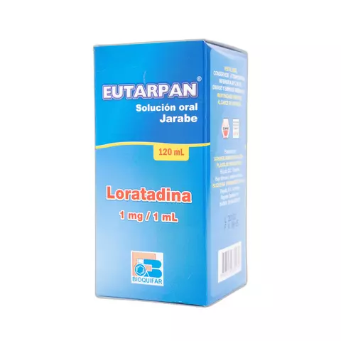Frasco de jarabe Eutarpan 120 ml con concentración 1 mg/1 ml de loratadina, antihistamínico líquido para alivio de síntomas alérgicos en niños y adultos.