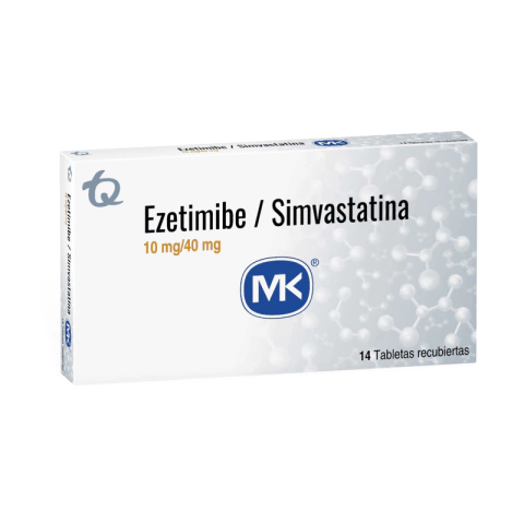 Caja con 14 tabletas recubiertas de ezetimibe 10 mg + simvastatina 40 mg marca MK Tecnoquímicas, tratamiento combinado para colesterol y triglicéridos.


