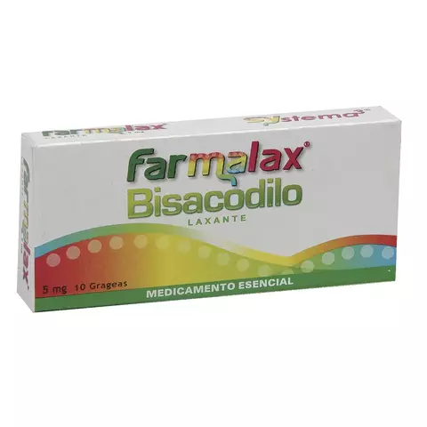 Caja con 10 grageas de Farmalax 5 mg (bisacodilo) de Laboratorios Ecar, laxante utilizado para aliviar el estreñimiento ocasional; producto de venta libre con registro INVIMA 2010M‑0010359.