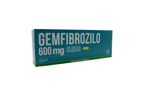 Gemfibrozilo 600 mg en tabletas, caja x 300 unidades, del laboratorio Laproff; utilizado para disminuir colesterol y triglicéridos en tratamientos prescritos.