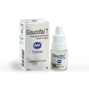 Frasco de 2.5 ml de solución oftálmica combinada de latanoprost 0.05 mg/ml y timolol maleato 5 mg/ml, genérico MK (Tecnoquímicas), para la reducción de presión intraocular en glaucoma y hipertensión ocular.