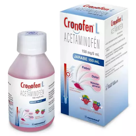 Frasco de Cronofen L jarabe 100 ml con concentración de 150 mg/5 ml de acetaminofén, analgésico/antipirético para uso pediátrico o general