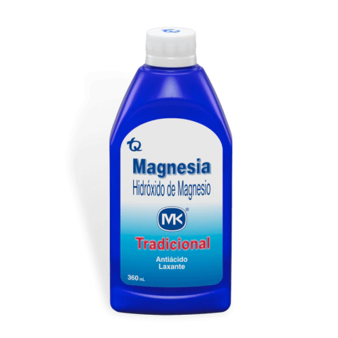 Imagen del frasco de Magnesia MK de 360 ml, utilizado como antiácido y laxante para aliviar la acidez estomacal y el estreñimiento ocasional.