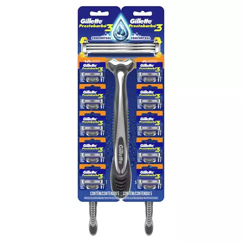 Bolsa de 10 máquinas desechables Gillette Prestobarba 3, con banda lubricante de vitamina E y aloe, diseño ergonómico, triple hoja y microtensores para un afeitado suave y preciso.