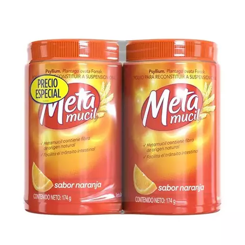 caja o pack de dos frascos de Metamucil Fibra sabor naranja, cada uno de 174 g (30 dosis), contiene psyllium para apoyo digestivo, regulador del colesterol y coadyuvante glicémico.