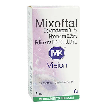 Frasco gotero de 5 ml de Mixoftal gotas oftálmicas MK, utilizado para tratar infecciones oculares con componente inflamatorio