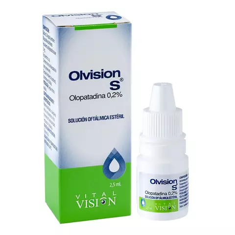 Frasco de 2,5 mL de solución oftálmica Olvisión S 0,2% con olopatadina clorhidrato para el alivio de síntomas de conjuntivitis alérgica (picor, enrojecimiento, lagrimeo).