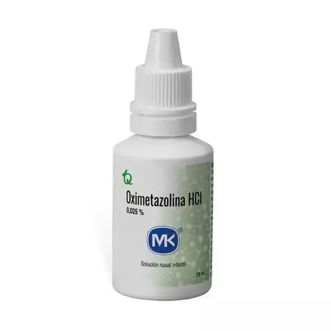 Frasco de 15 ml de Oximetazolina MK HCl 0,025 %, solución nasal descongestionante para aliviar temporalmente congestión por resfriado, rinitis o sinusitis.

