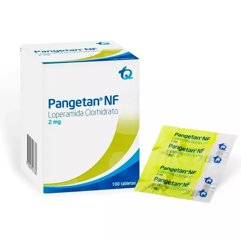Caja con 100 tabletas de Pangetan NF 2 mg (loperamida) de Laboratorios Tecnoquímicas, medicamento antidiarreico de alta eficacia para el control de diarrea aguda y crónica.