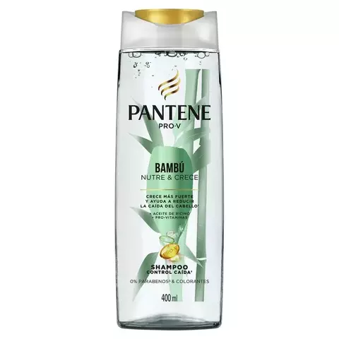 Frasco de shampoo Pantene Pro‑V Bambú Nutre & Crece de 400 ml, con extracto de bambú y aceite de ricino; nutre desde la raíz, combate la caída por quiebre, fortalece, limpia sin resecar y es libre de parabenos y colorante