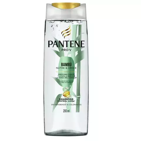 Frasco de shampoo Pantene Pro‑V línea Bambú Nutre y Crece de 200 ml, con extracto de bambú y aceite de ricino para fortalecer el cabello desde la raíz, reducir la caída por quiebre y aportar suavidad, sin parabenos ni colorantes.