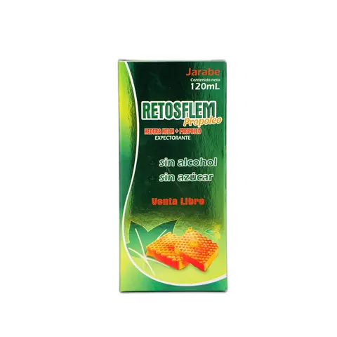 Frasco de 120 mL del jarabe Retosflem con extracto seco de hojas de Hedera Helix y propóleo, fitoterapéutico expectorante para aliviar la tos productiva y secreciones respiratorias.