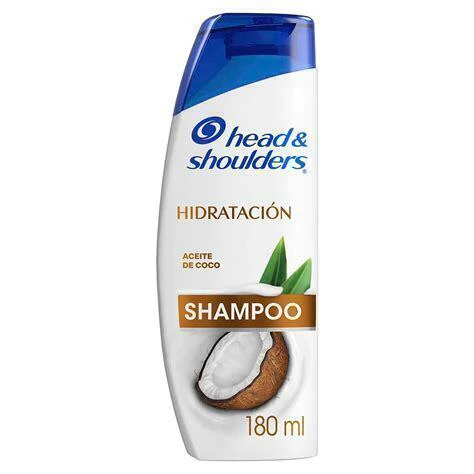 frasco de 180 ml del shampoo Head & Shoulders Hidratación con aceite de coco. Fórmula cremosa con aroma de coco, limpia profundamente desde la raíz hasta puntas, combate la caspa y deja el cabello hidratado, suave y brillante 