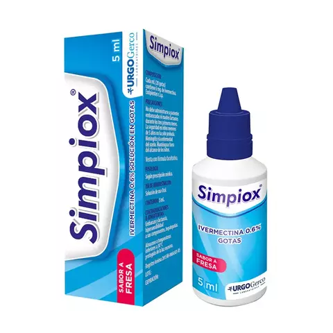 Simpiox ivermectina 0,6 % de 5 ml, solución oral con gotas, medicamento antiparasitario fabricado por Gerco, indicado con receta para tratamiento de parásitos internos.