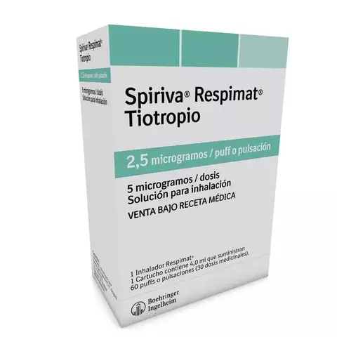 Imagen del inhalador Spiriva Respimat con tiotropio bromuro 2.5 µg/pulso en cartucho de 4 ml (≈ 60 dosis) del laboratorio Boehringer Ingelheim, indicado para tratamiento de mantenimiento de EPOC o asma
